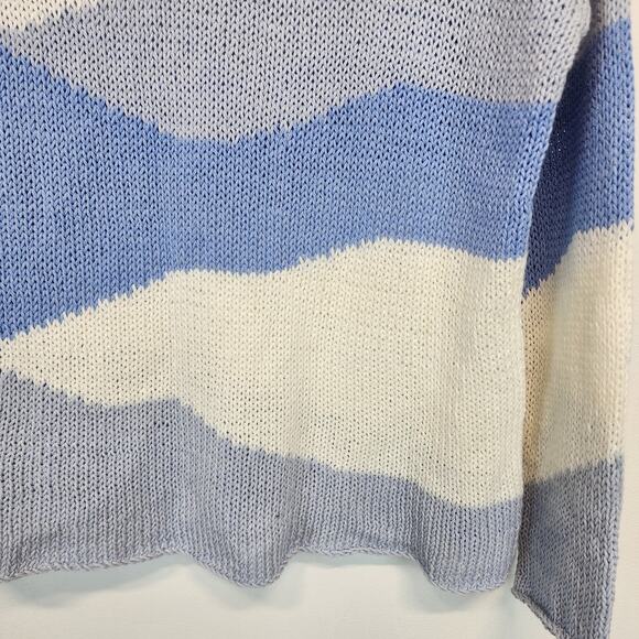 Wooden Ships Wavy Print Sweater Size S/M Blue Open Knit Nautical Coastal Chic - Picture 7 of 12